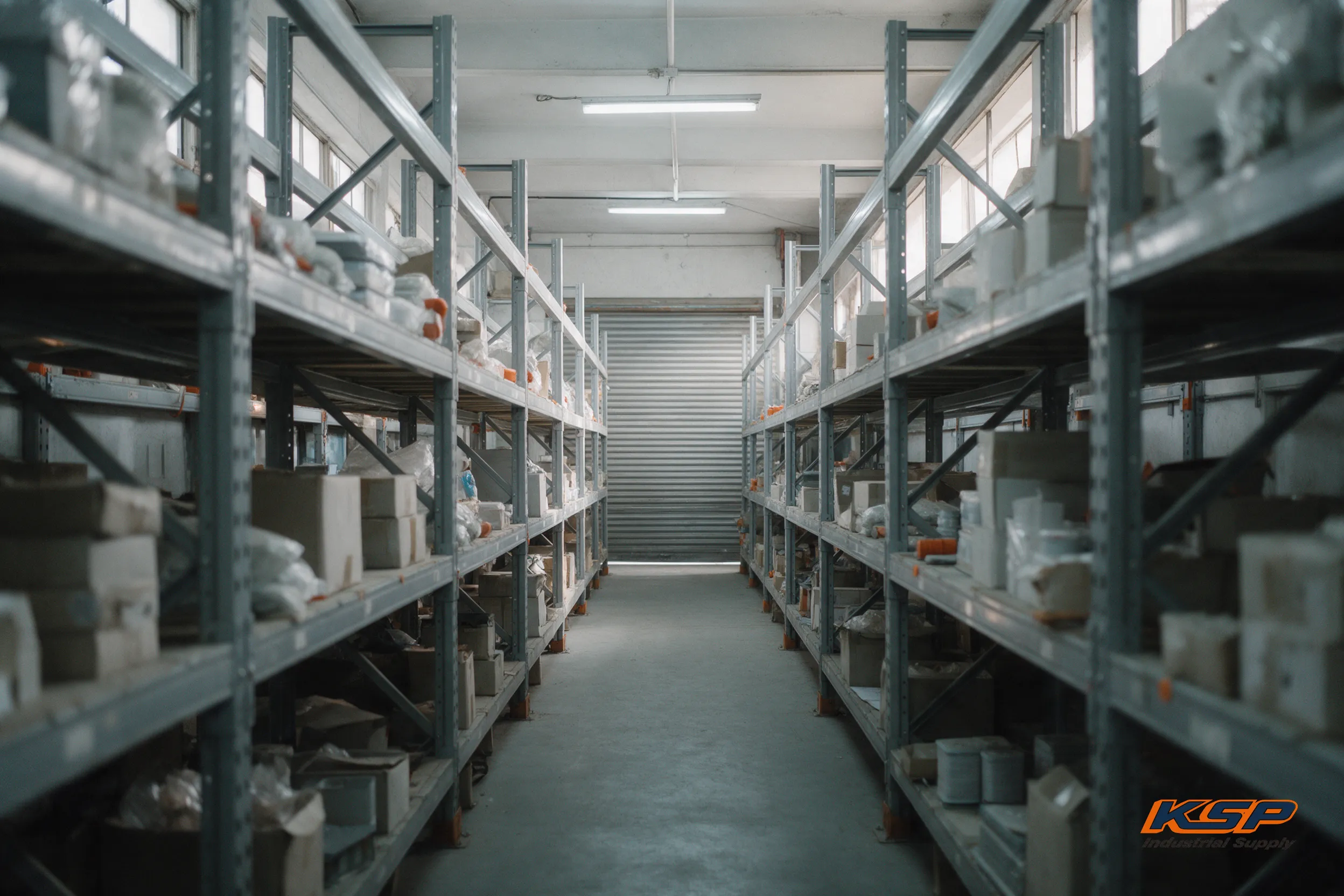 An aisle of racked consumables in a modest industrial stores area.